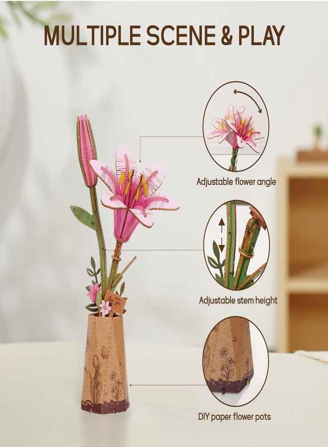 ROBOTIME 3D Wooden Lily Flower Puzzle TW071 - DIY Assembly Model Kit, Artificial Wood Flowers for Home Decoration, Relaxing Crafts for Adults, Valentine's Gift - Image 4